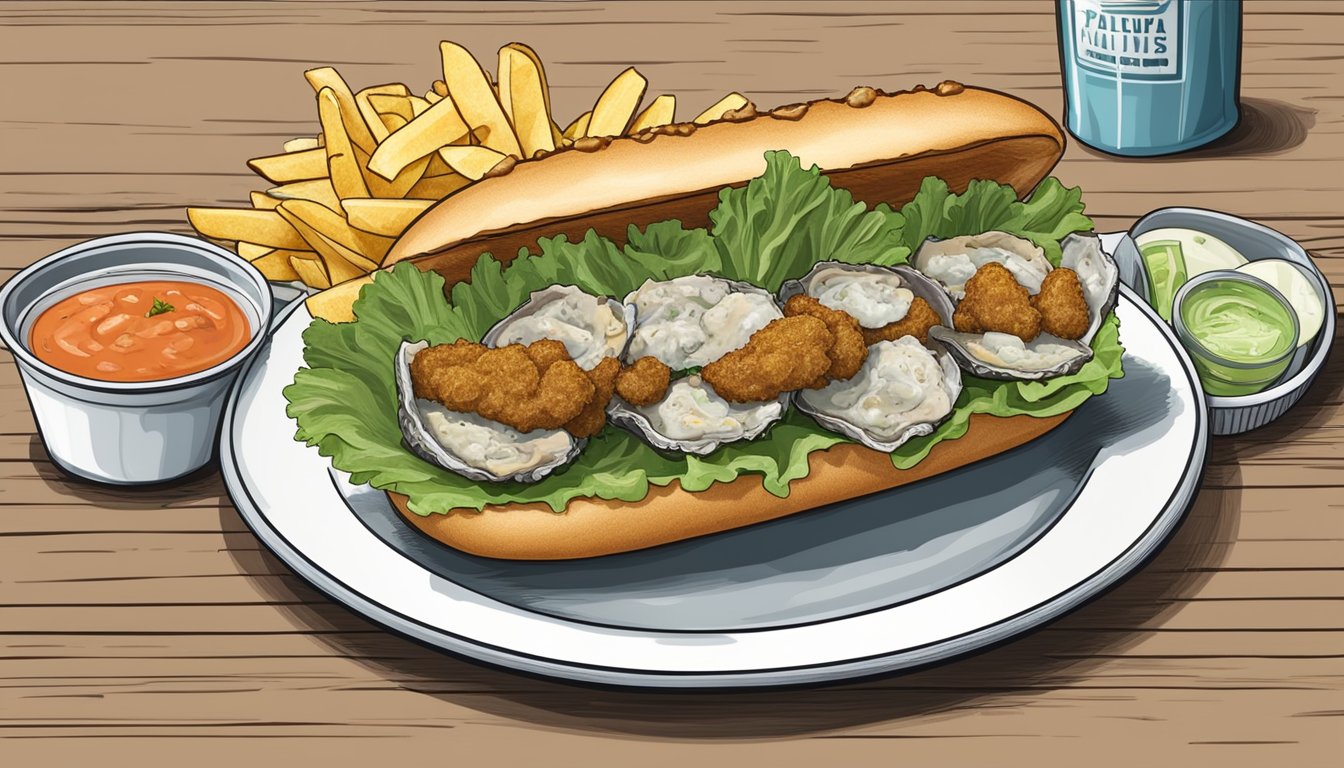 A plate holds a crispy oyster po' boy sandwich with lettuce, tomato, and remoulade sauce, served with a side of pickles and chips