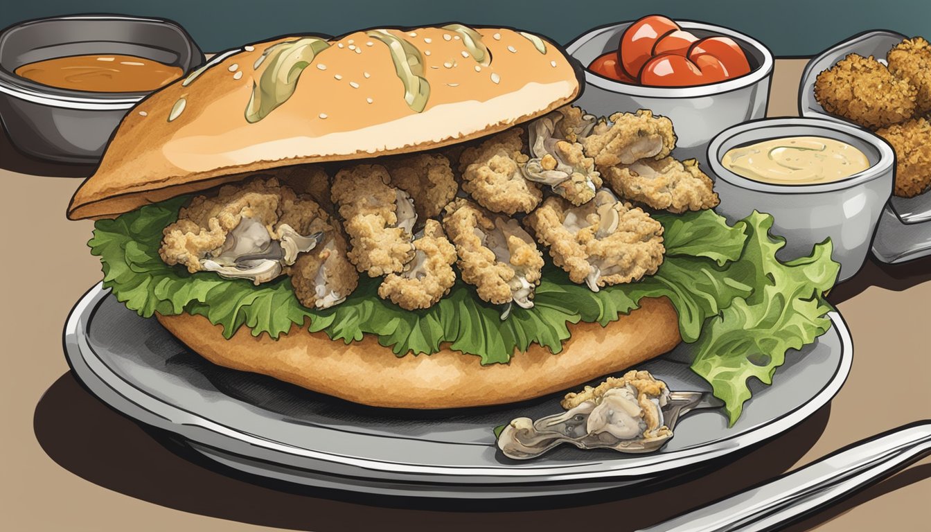 A plate with a freshly made oyster po' boy sandwich, with crispy fried oysters, lettuce, tomato, and a drizzle of tangy remoulade sauce