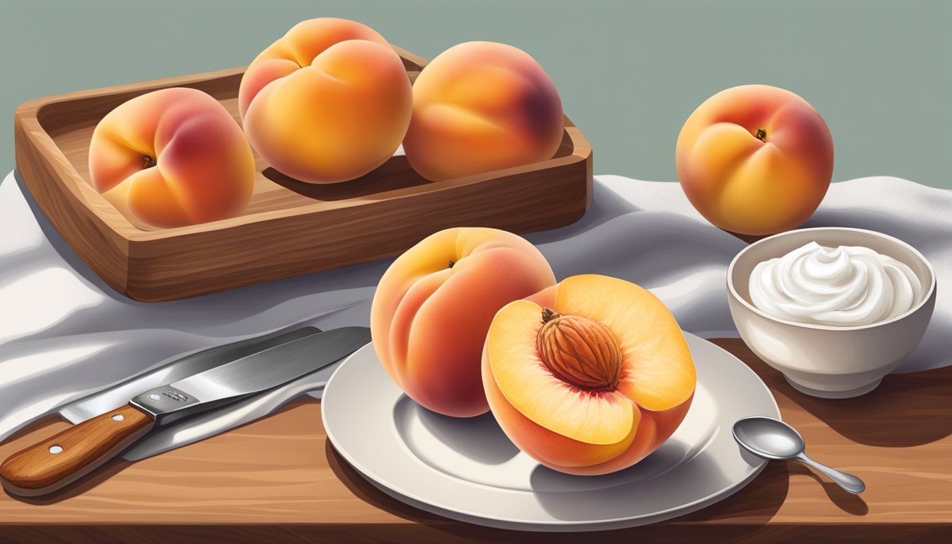 A ripe peach on a cutting board, surrounded by a knife, bowl of sugar, and a spoonful of whipped cream