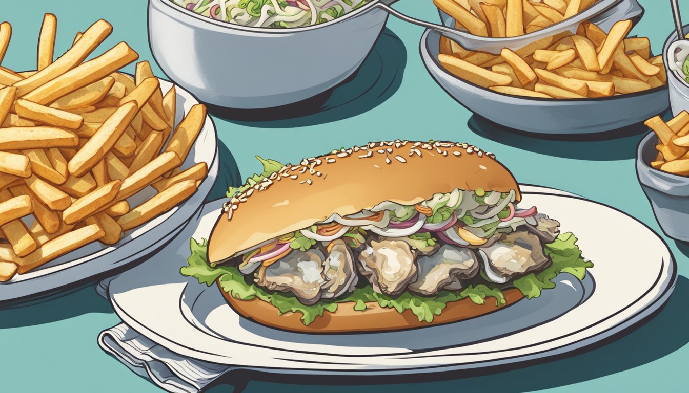 A plate holds an oyster po boy sandwich, surrounded by a side of coleslaw and a pile of crispy fries