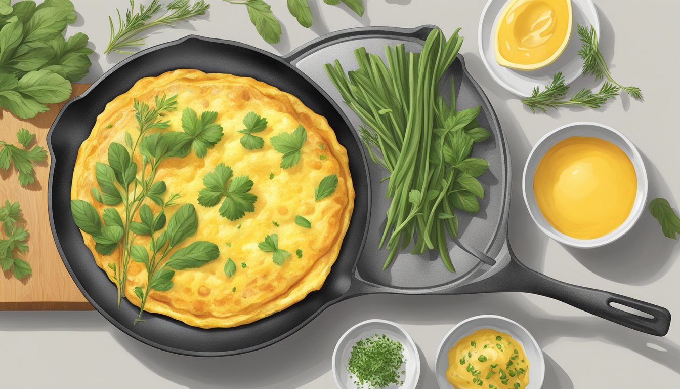 A non-stick skillet sizzles as an omelet is expertly folded and plated with a side of fresh herbs