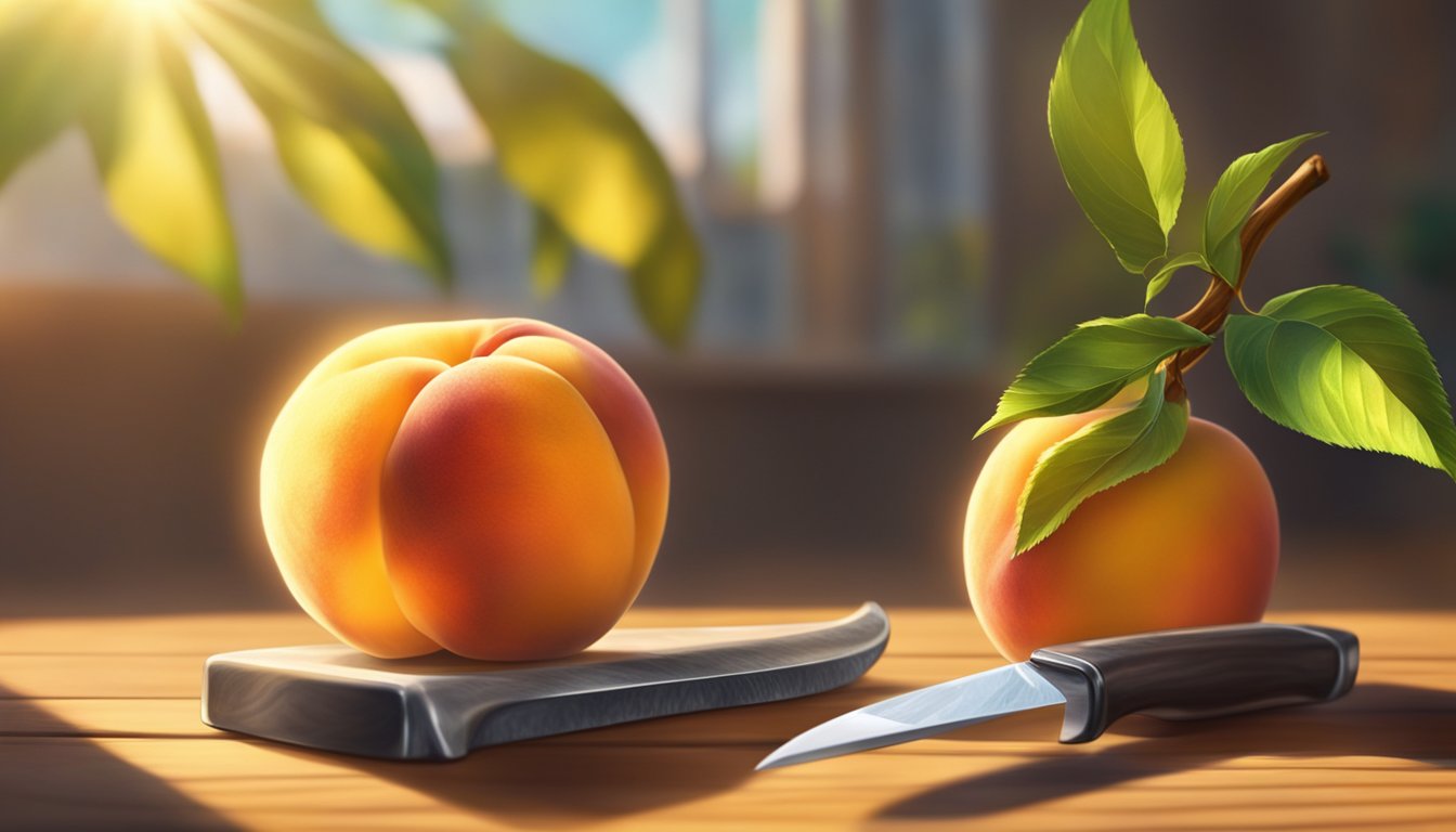 A ripe peach rests on a wooden table, its fuzzy skin glowing in the sunlight. A knife cuts into the fruit, revealing the golden flesh inside