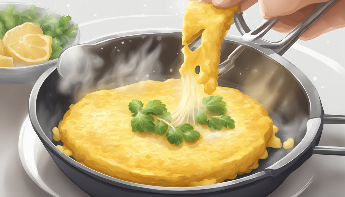 A fork cutting into a fluffy omelet, steam rising from the golden surface. A bite being lifted towards an open mouth