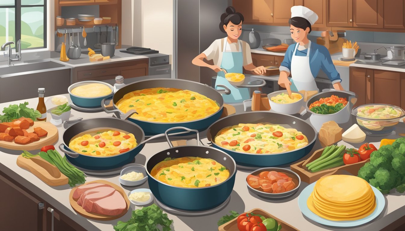 A table set with a variety of omelet ingredients, including vegetables, cheeses, and meats, surrounded by a bustling kitchen with sizzling pans and cooks preparing different omelet variations