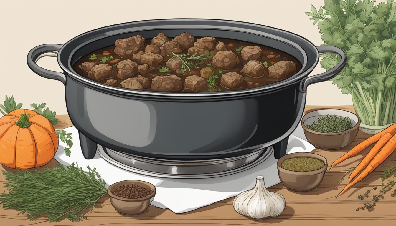 A pot filled with oxtails simmering in a rich broth, surrounded by aromatic herbs and spices like thyme, garlic, and bay leaves. Onions, carrots, and celery add depth to the flavor profile