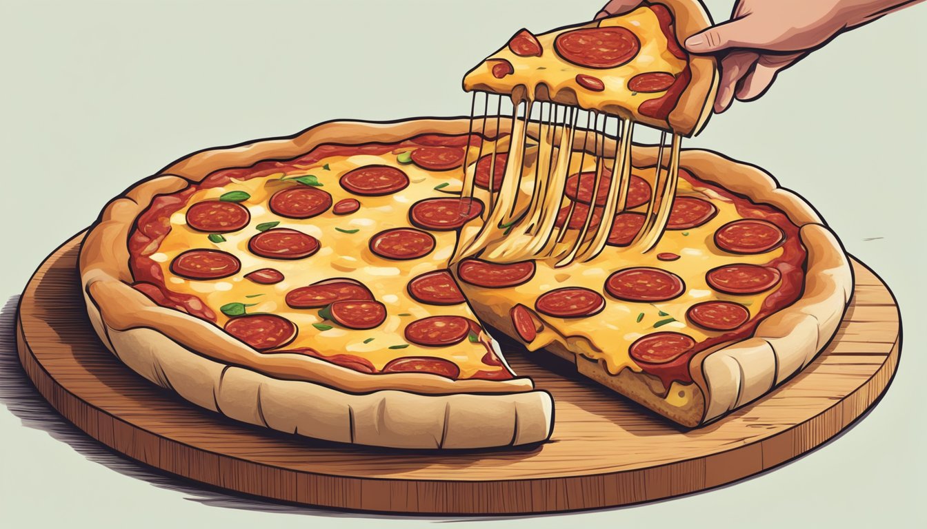 A pepperoni pizza being lifted from a wooden pizza peel, with cheese stretching as it separates from the rest of the pie