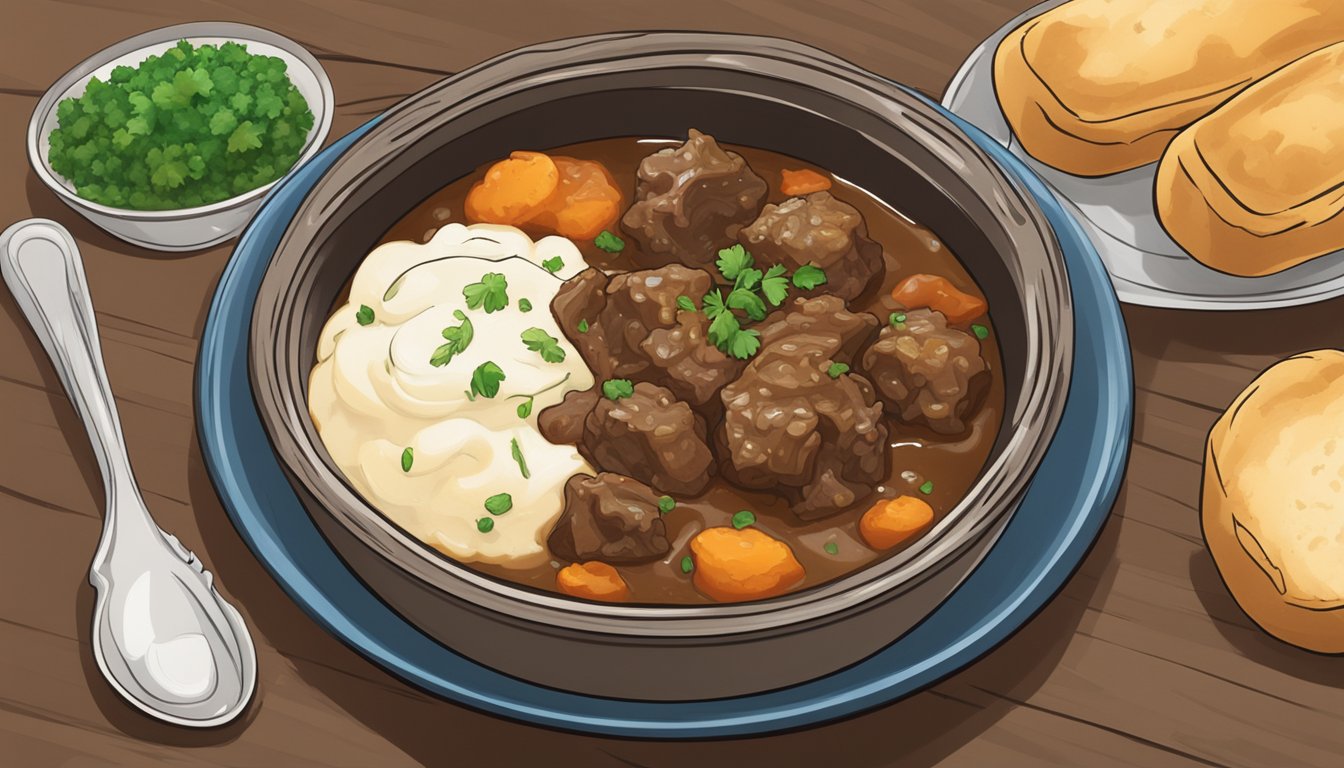 A steaming oxtail stew in a rustic bowl, surrounded by crusty bread and a dollop of creamy mashed potatoes