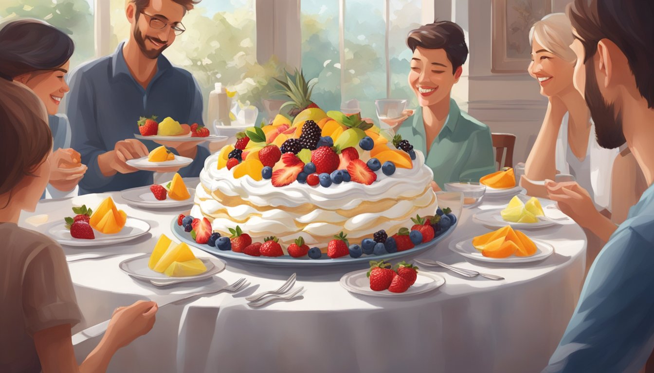 A table set with a delicate, airy pavlova topped with whipped cream and fresh fruit, surrounded by eager diners