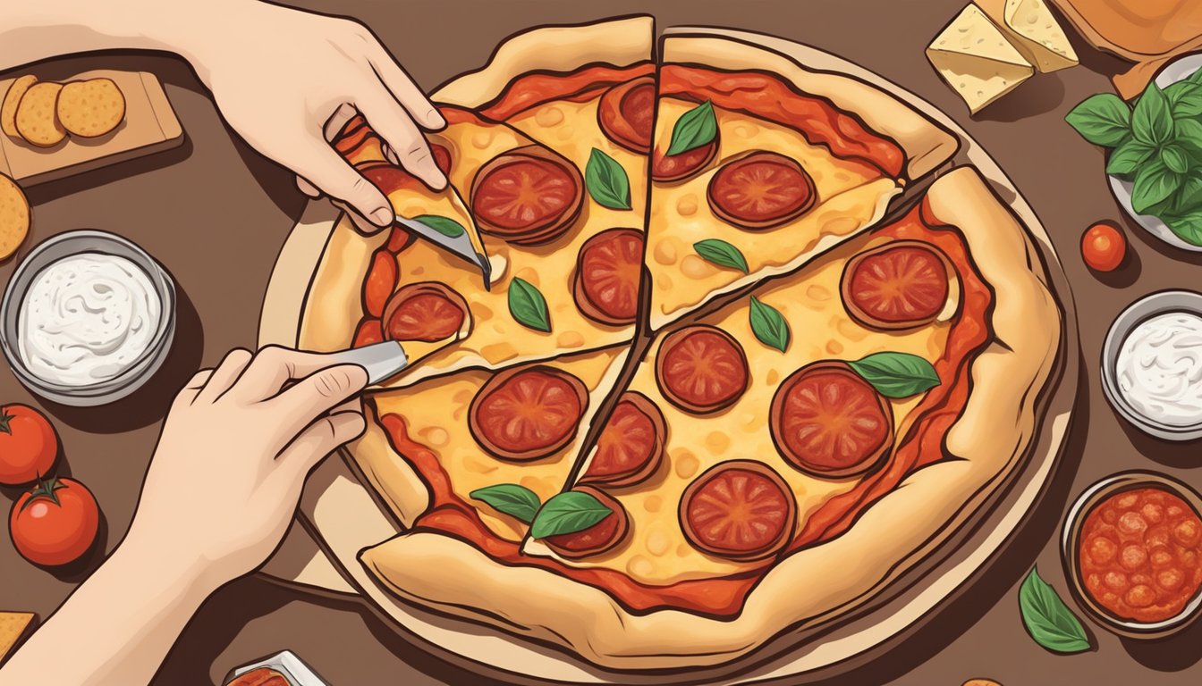 A hand placing pepperoni slices on a pizza crust, adding cheese and tomato sauce