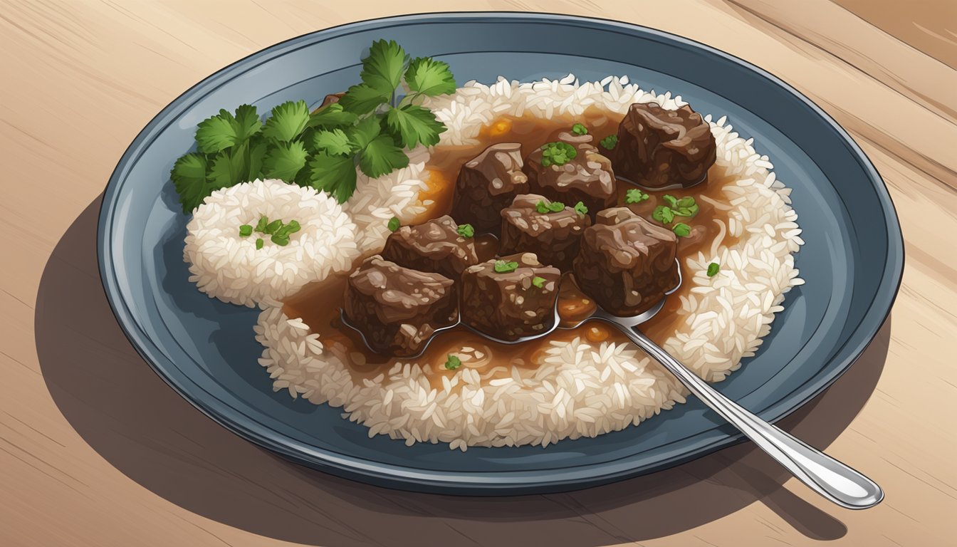 A plate of oxtail stew with a side of rice, a spoon resting on the edge, steam rising