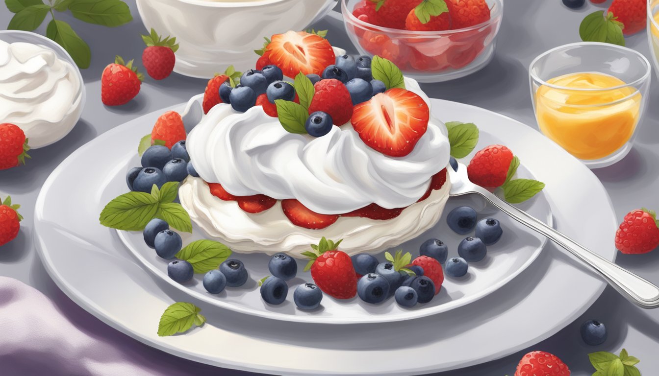 A pavlova sits on a white plate, topped with whipped cream and fresh berries. A fork is poised to cut into the crispy meringue shell