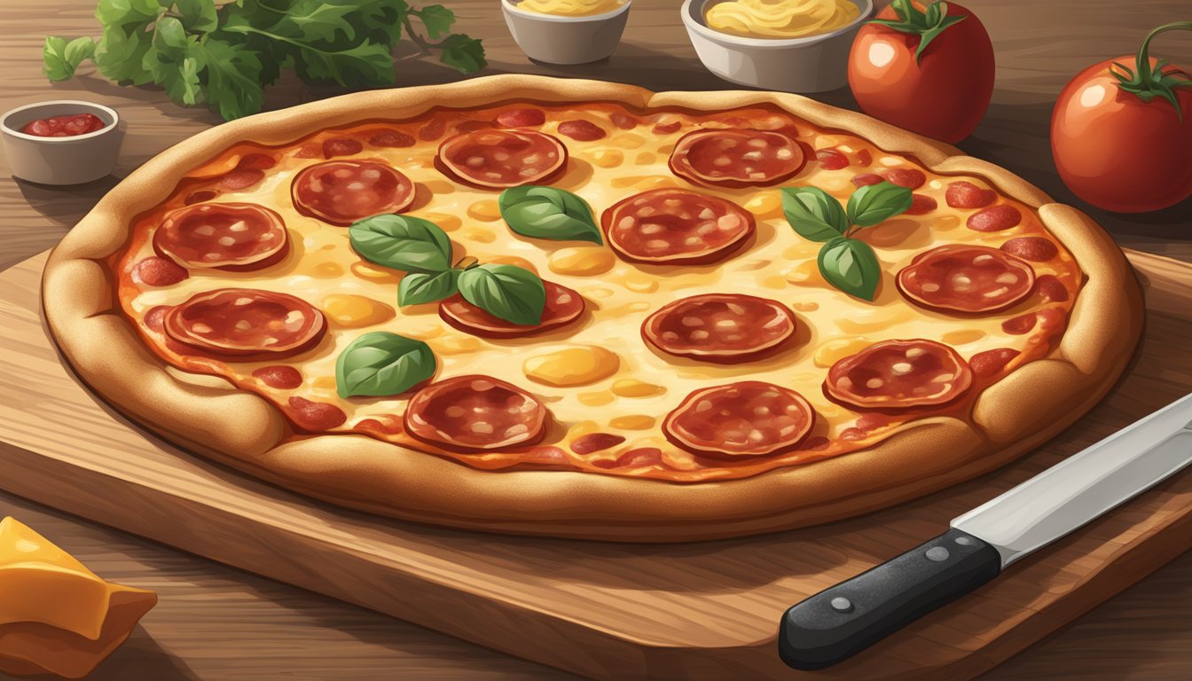 A pepperoni pizza sits on a wooden cutting board, its crispy crust golden brown and bubbling with melted cheese