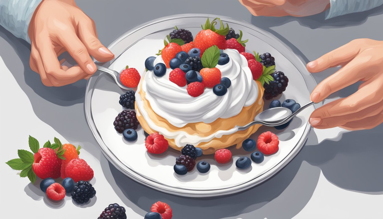 A hand reaching for a bowl of fresh berries, while a spoon hovers over a dollop of whipped cream atop a delicate pavlova shell