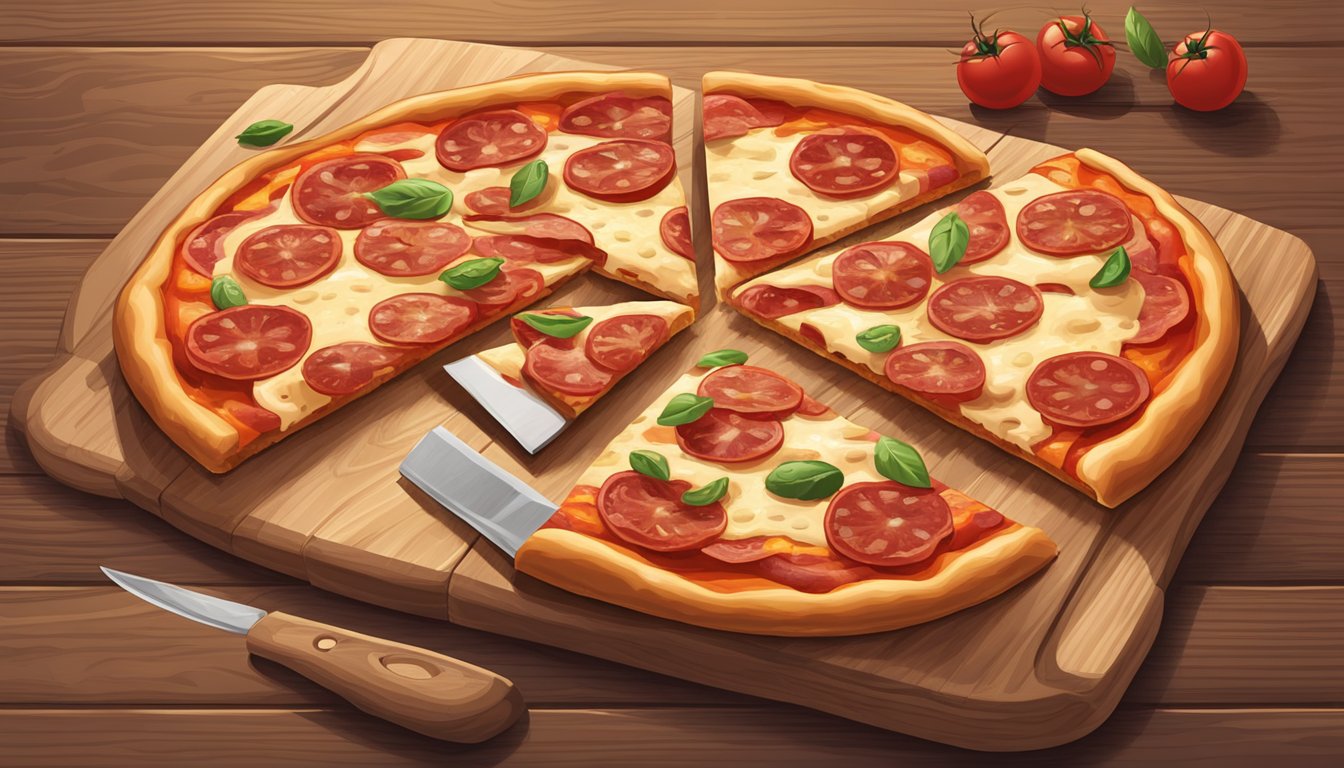 A pepperoni pizza is placed on a wooden cutting board with a pizza slicer next to it. A few slices have been taken, showing the cheese and pepperoni toppings