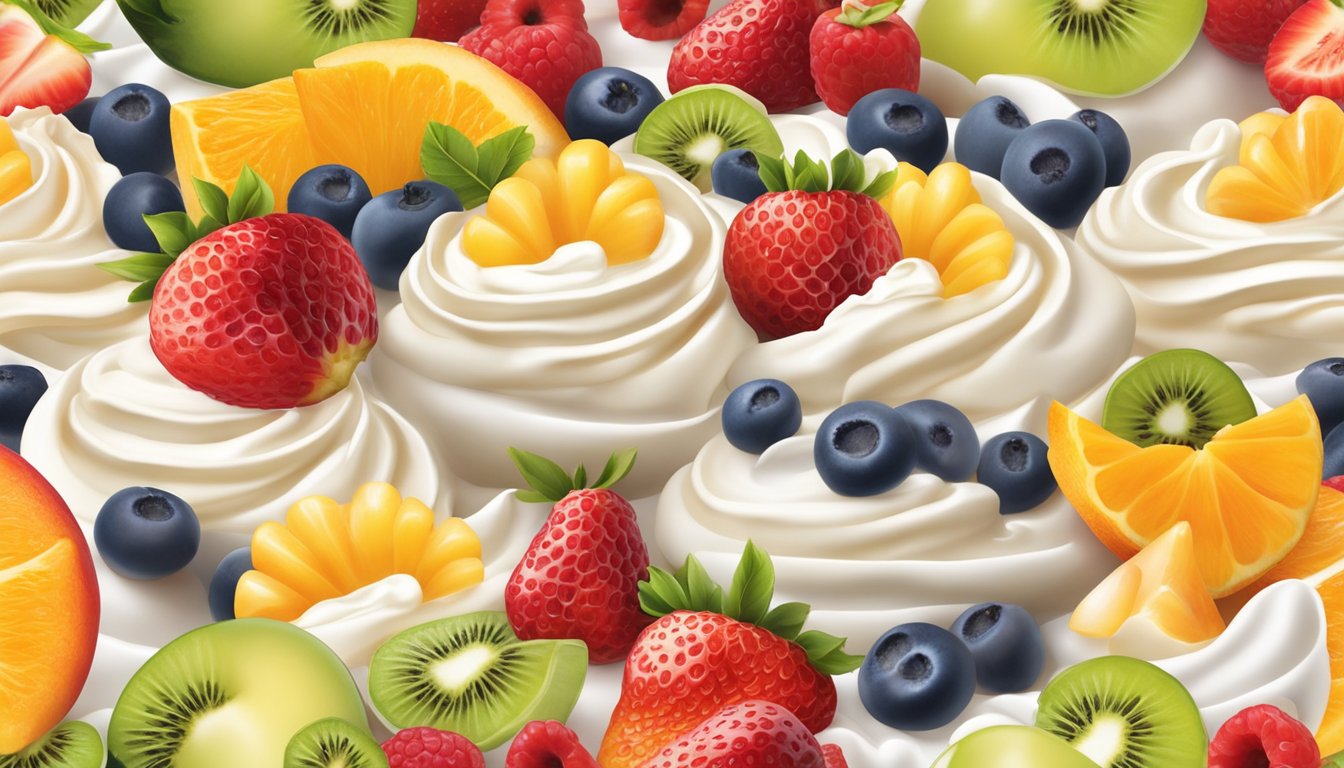 A colorful array of fresh fruit and whipped cream sits atop a delicate meringue base, ready to be sliced and served