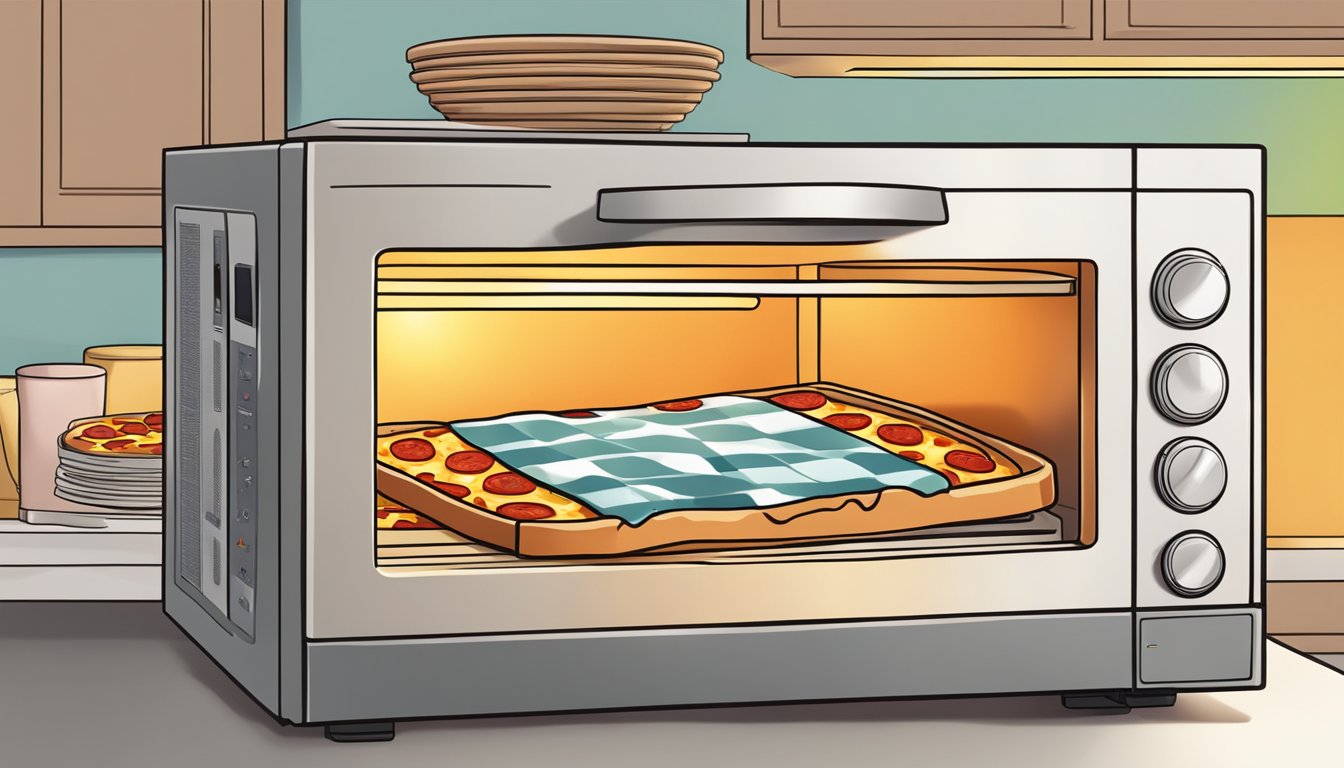 A slice of pepperoni pizza being placed in a microwave for reheating