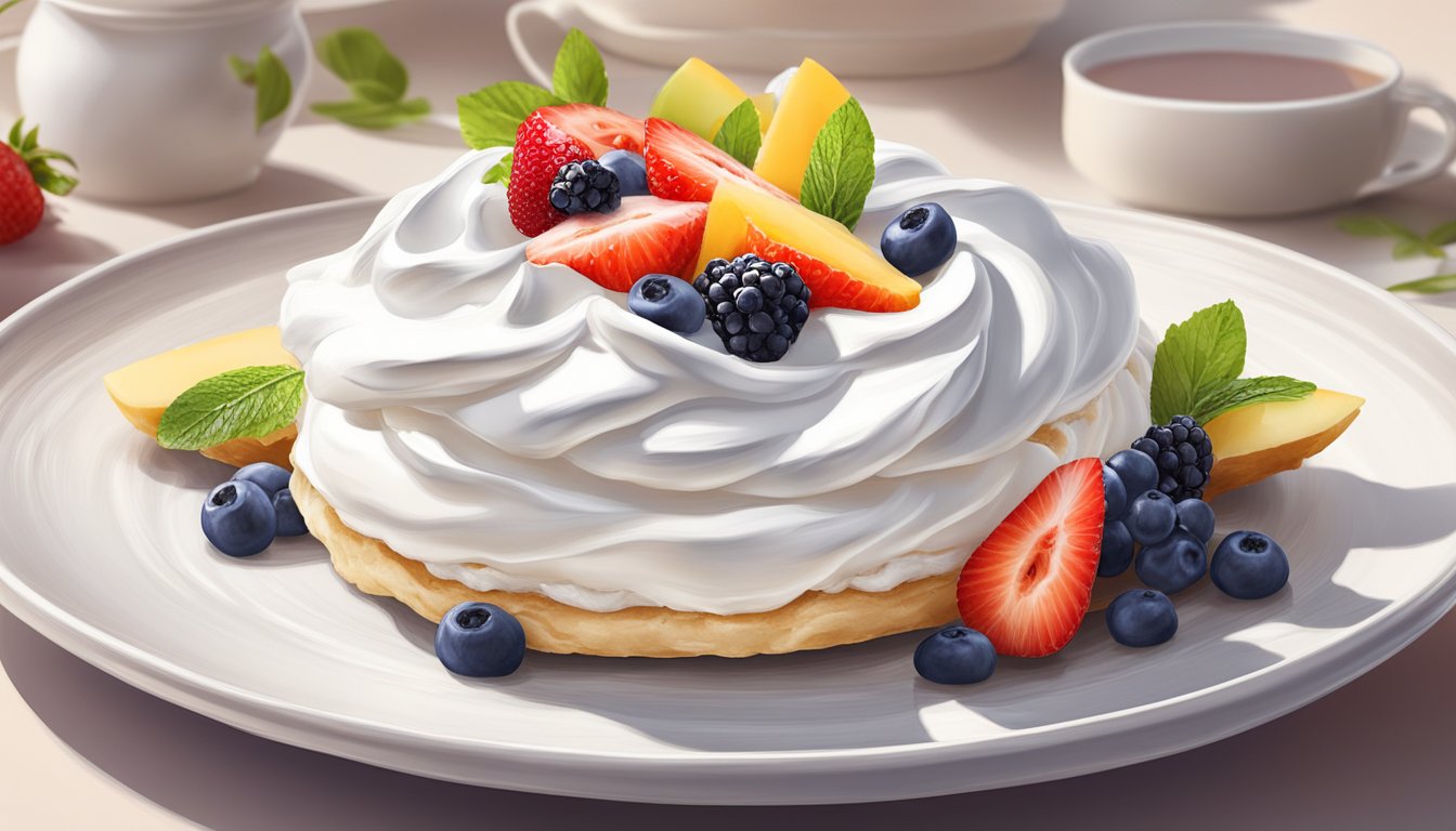 A pavlova sits on a white plate, topped with a dollop of whipped cream and fresh fruit. The meringue is light and airy with a crisp exterior