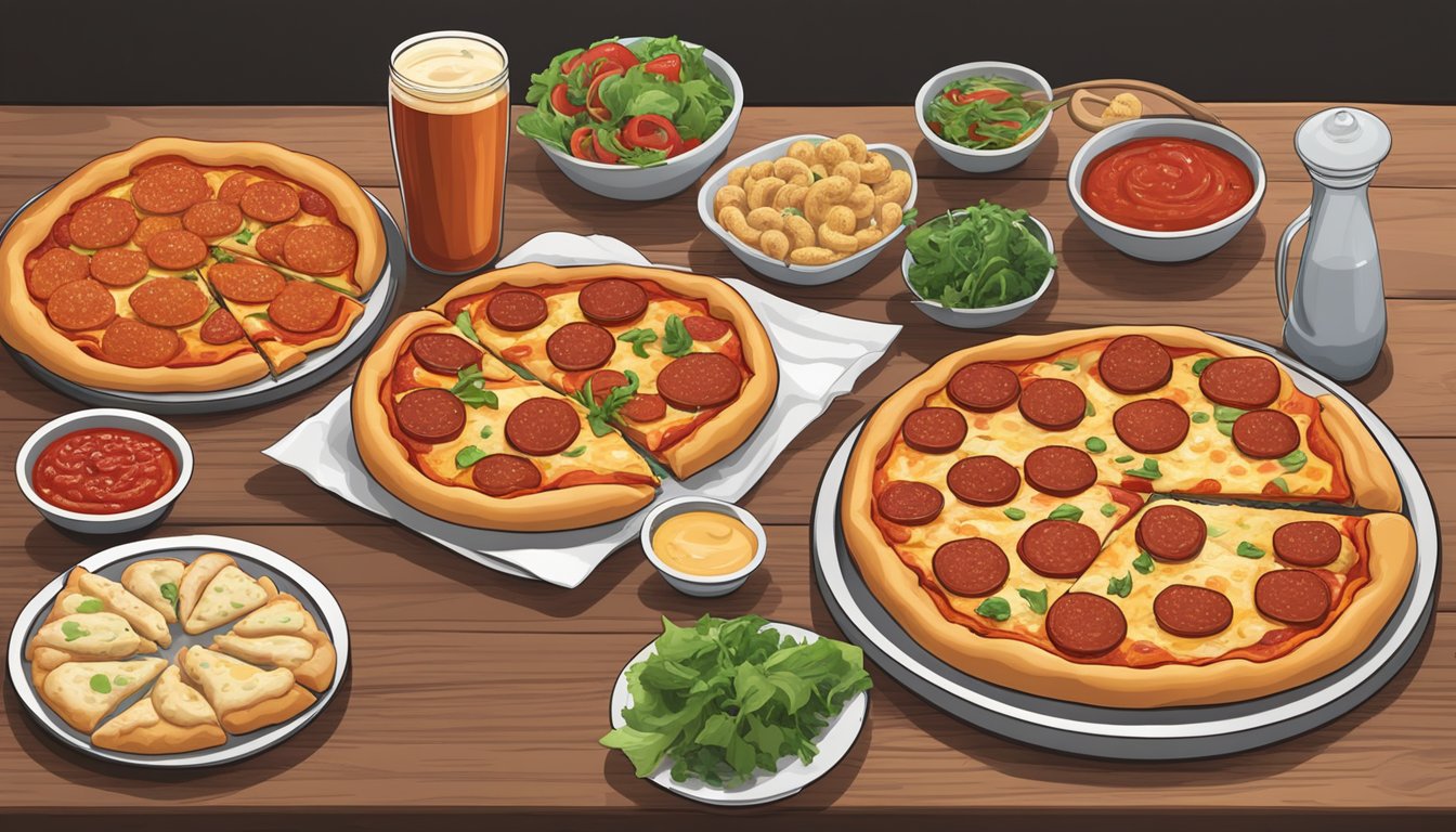 A pepperoni pizza sits on a wooden table, surrounded by a variety of complementary dishes and pairings such as garlic knots, marinara dipping sauce, and a side salad