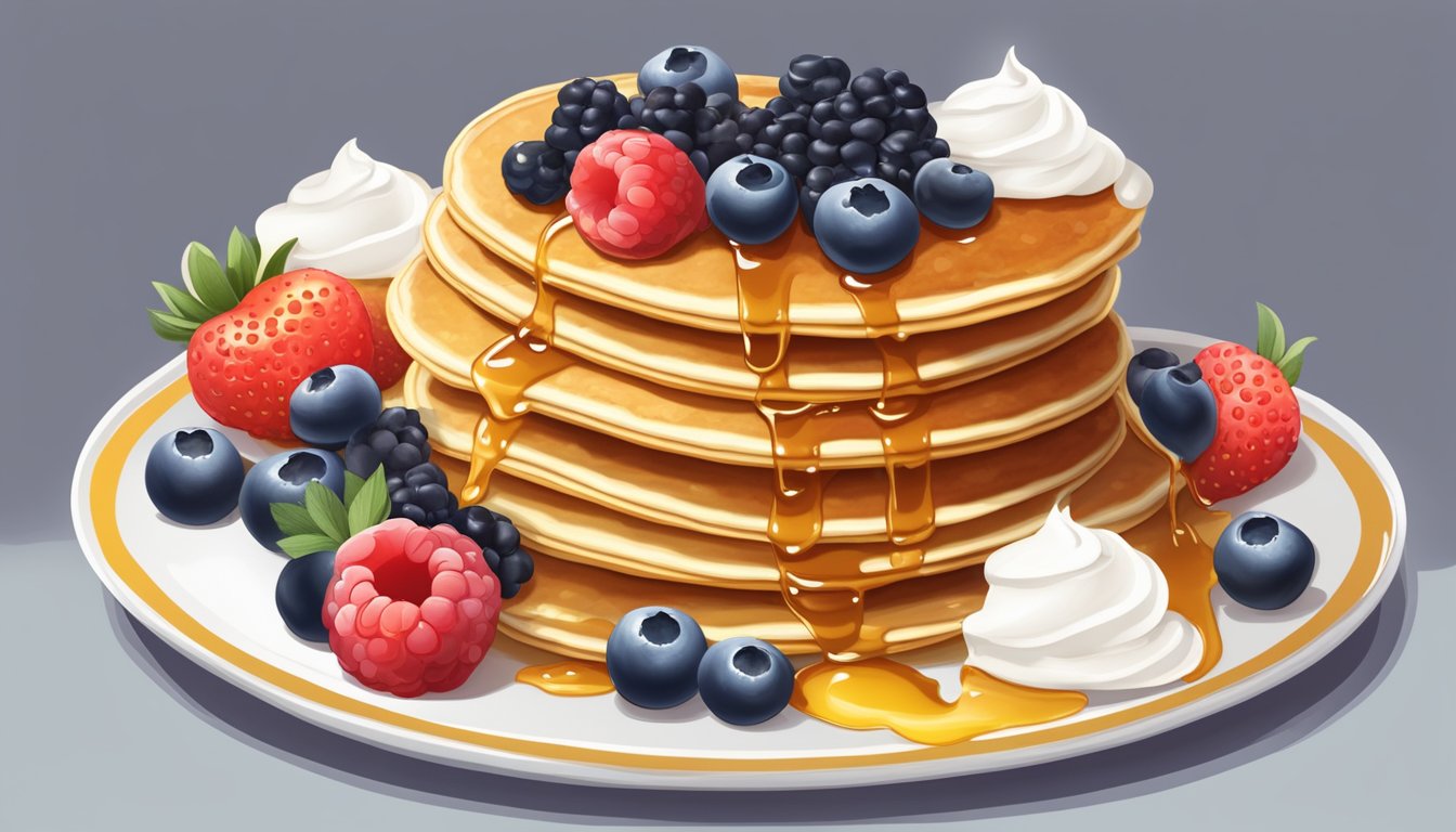 A stack of golden pancakes topped with syrup and a pat of butter, surrounded by a scattering of fresh berries and a dollop of whipped cream