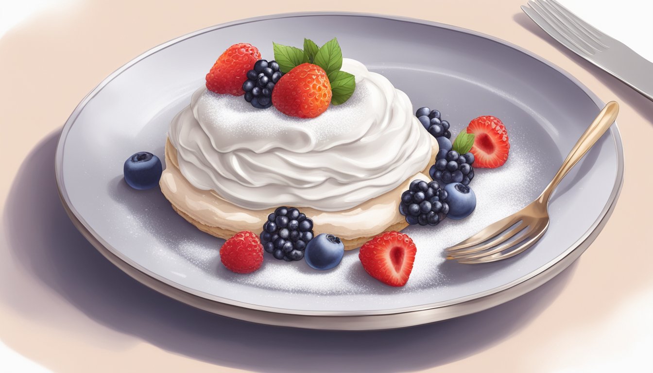 A pavlova topped with fresh berries and cream, served on a delicate plate with a dusting of powdered sugar