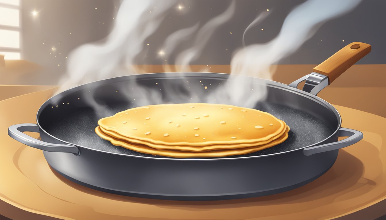 A golden pancake being flipped in a sizzling pan, steam rising from its fluffy surface