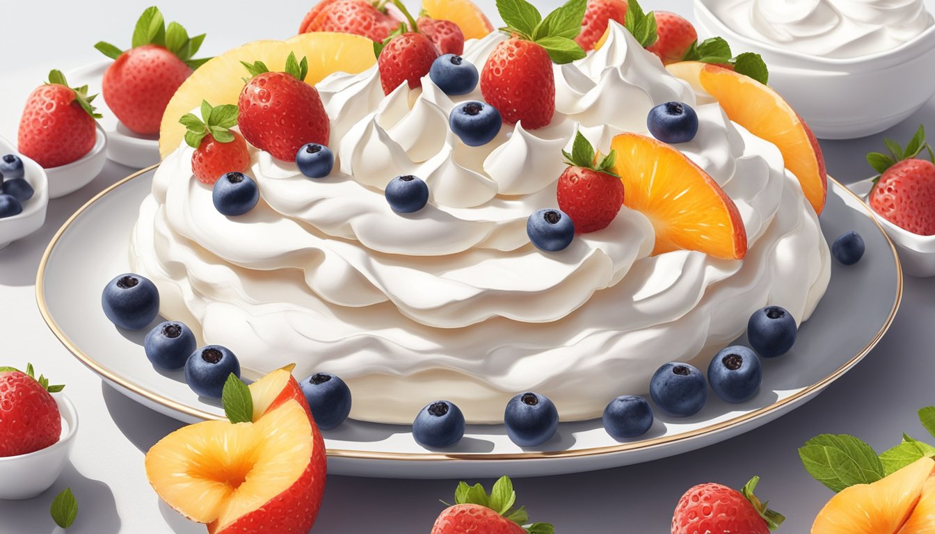 A pavlova sits on a white serving platter, topped with whipped cream and fresh fruit. A slice has been removed, revealing the light, airy meringue inside. A few crumbs are scattered around the plate