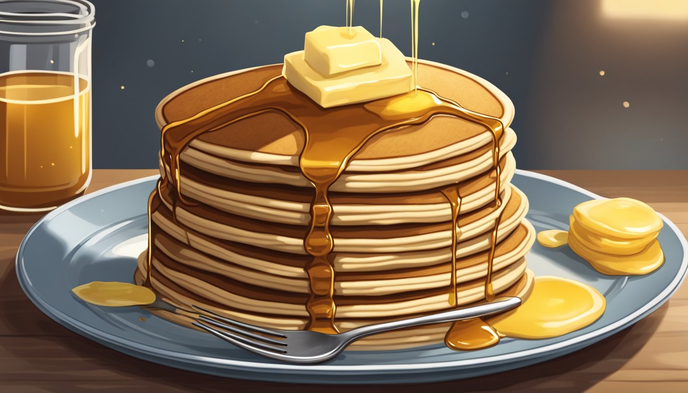 A stack of pancakes sits on a plate, drizzled with syrup and topped with a pat of butter. A fork hovers above, ready to cut into the fluffy, golden pancake