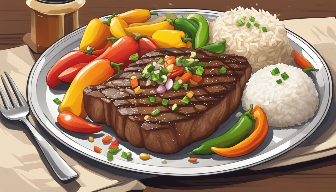 A sizzling pepper steak surrounded by colorful bell peppers, onions, and garlic, with a side of steamed rice and a drizzle of savory sauce