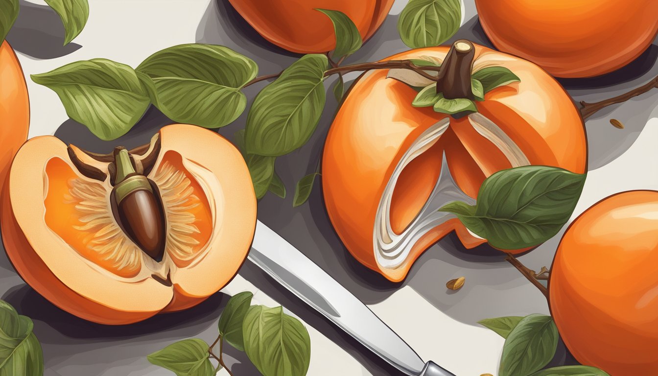 A ripe persimmon being sliced open with a knife, revealing its vibrant orange flesh and juicy seeds