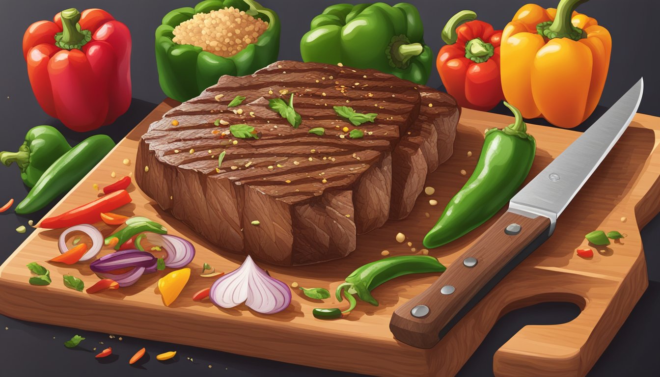 A sizzling pepper steak rests on a cutting board, surrounded by colorful bell peppers, onions, and seasonings. A chef's knife and cutting board are nearby