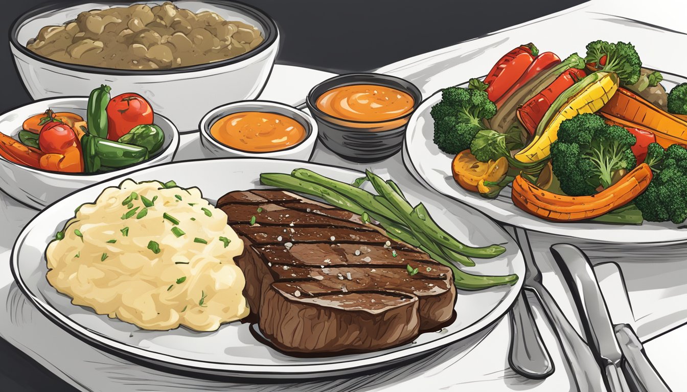 A sizzling pepper steak on a white plate, surrounded by colorful grilled vegetables and a side of mashed potatoes, with a drizzle of savory sauce