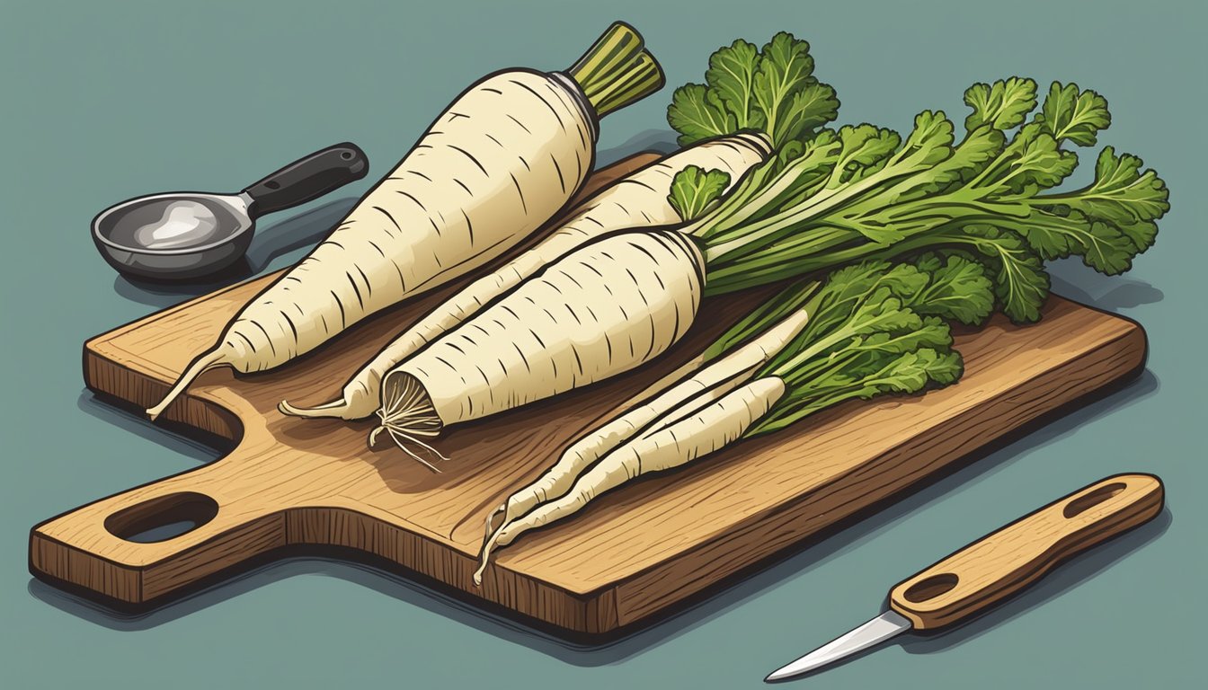 A parsnip surrounded by various cooking utensils, with a cutting board and knife ready for preparation