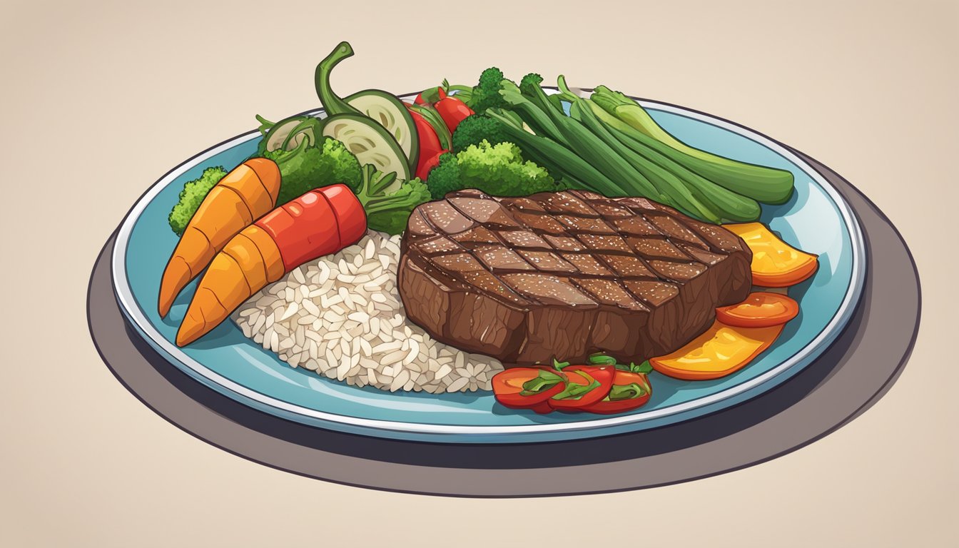 A sizzling pepper steak on a plate, surrounded by colorful vegetables and a side of rice