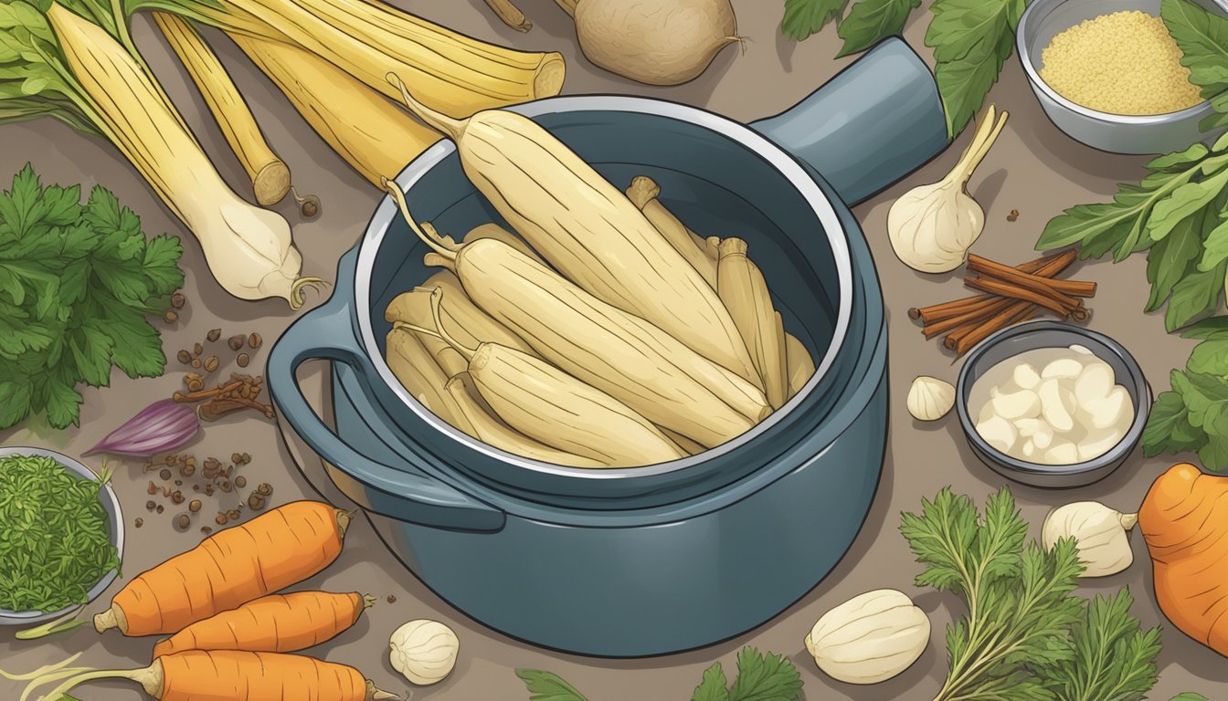 A parsnip being peeled and sliced, surrounded by various herbs and spices, with a steaming pot in the background