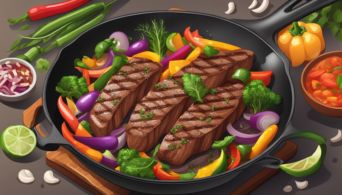 A sizzling pepper steak in a hot skillet with colorful vegetables and aromatic herbs