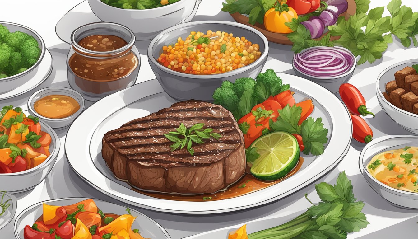 A sizzling pepper steak on a white plate, surrounded by colorful vegetables and garnished with fresh herbs