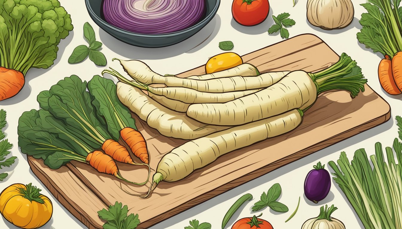 A parsnip sits on a cutting board surrounded by vibrant vegetables and herbs, ready to be sliced and paired with other foods