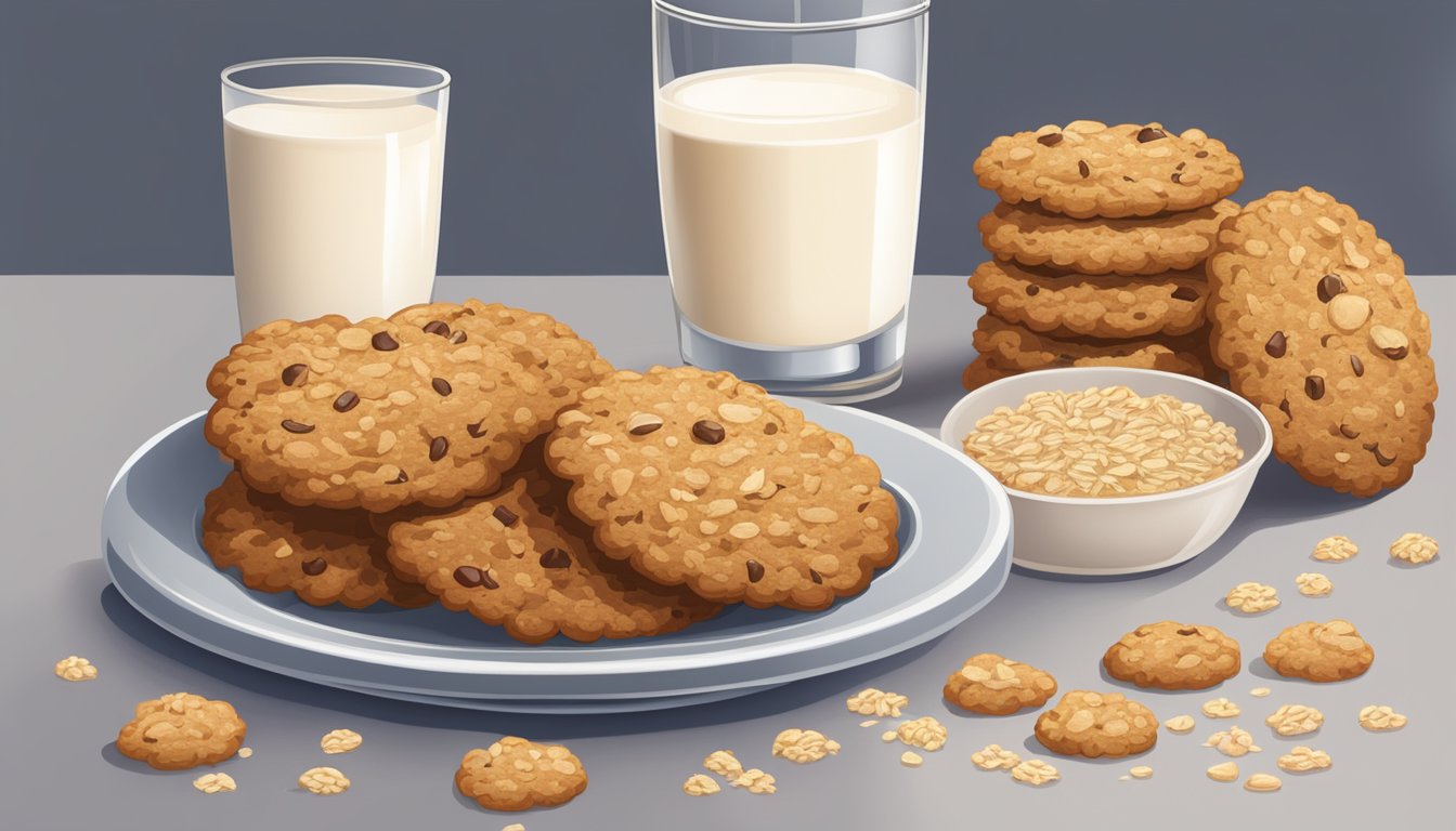 A plate of oatmeal cookies surrounded by a glass of milk and a napkin, with crumbs scattered around