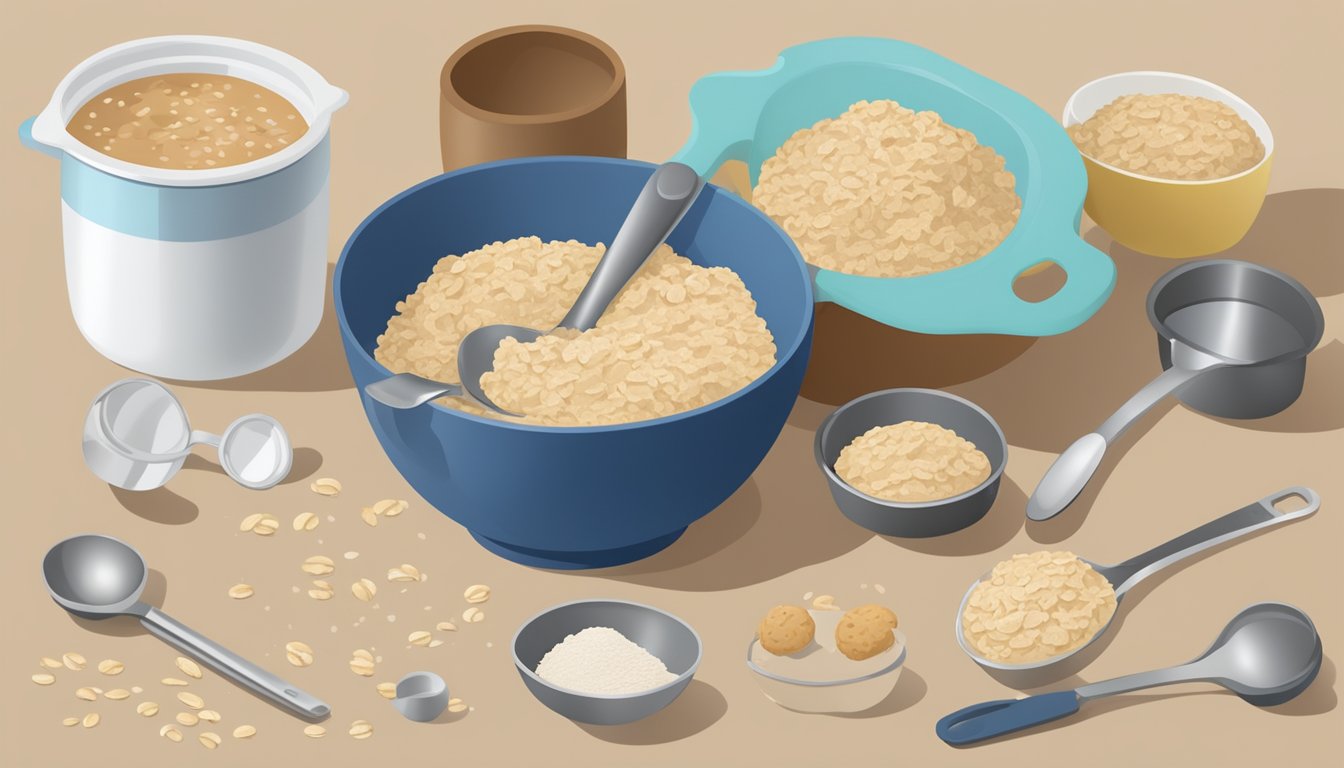 A mixing bowl filled with oatmeal cookie dough, surrounded by measuring cups and spoons, on a kitchen counter