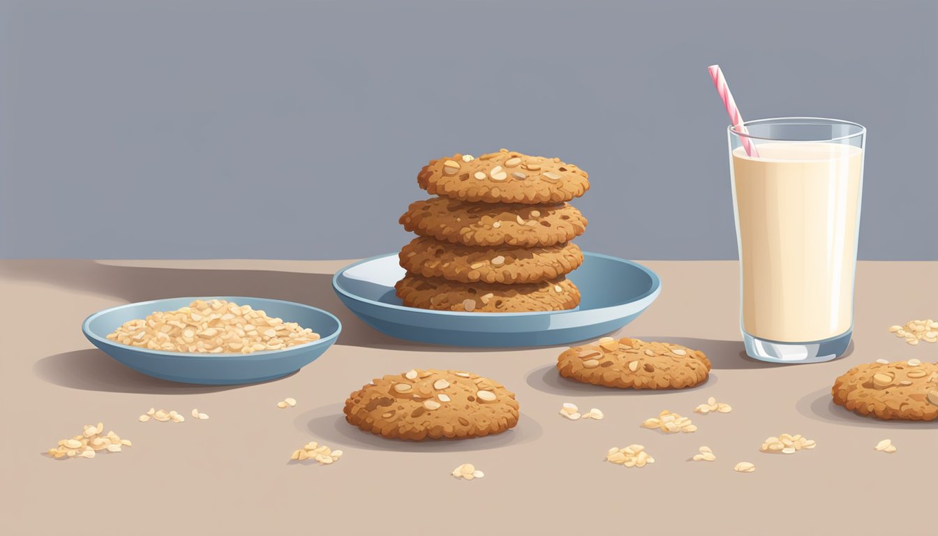 A plate of oatmeal cookies arranged in a circle, with crumbs scattered around. A glass of milk sits nearby