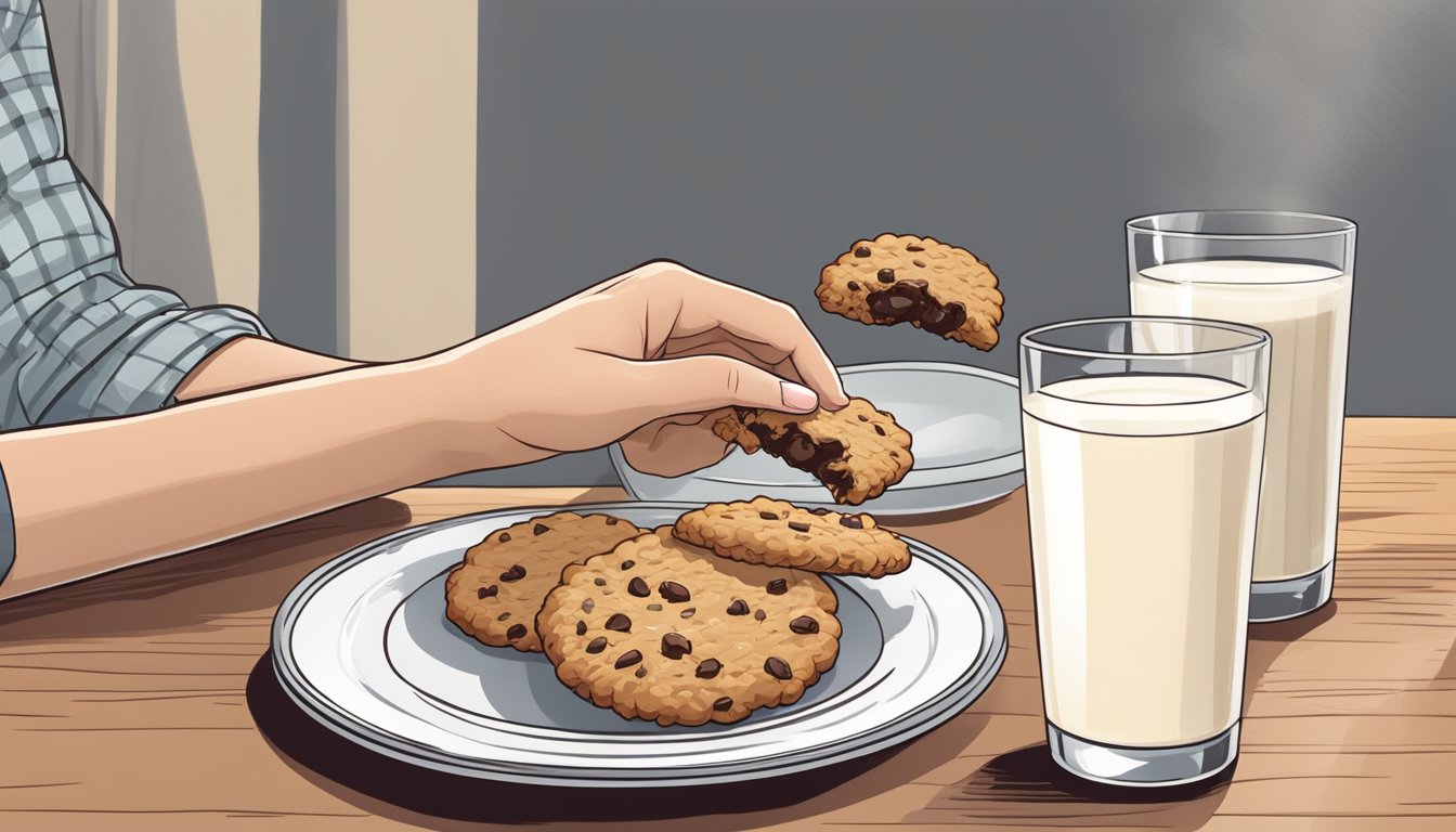 A hand reaches for an oatmeal cookie on a plate next to a glass of milk. A crumbly cookie with oats and raisins is being broken in half