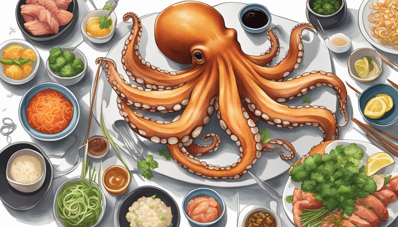 An octopus being prepared for various international dishes: sashimi, grilled, stewed, and fried, surrounded by ingredients and cooking utensils