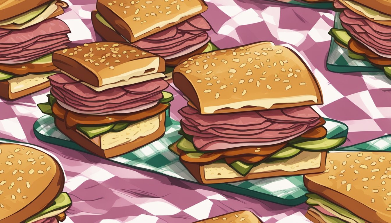 A pastrami on rye sandwich with layers of thinly sliced meat, tangy mustard, and crisp pickles, served on a checkered deli paper