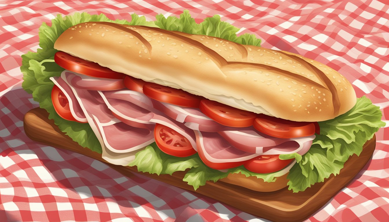 A freshly baked Italian sub sits on a checkered tablecloth, showcasing layers of salami, ham, provolone, lettuce, tomato, onion, and peppers