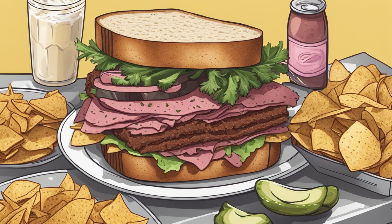 A classic pastrami on rye sandwich surrounded by a pickle, coleslaw, and a side of potato chips