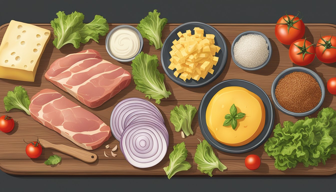 A table with ingredients: sliced meats, cheese, lettuce, tomatoes, onions, oil, vinegar, and spices