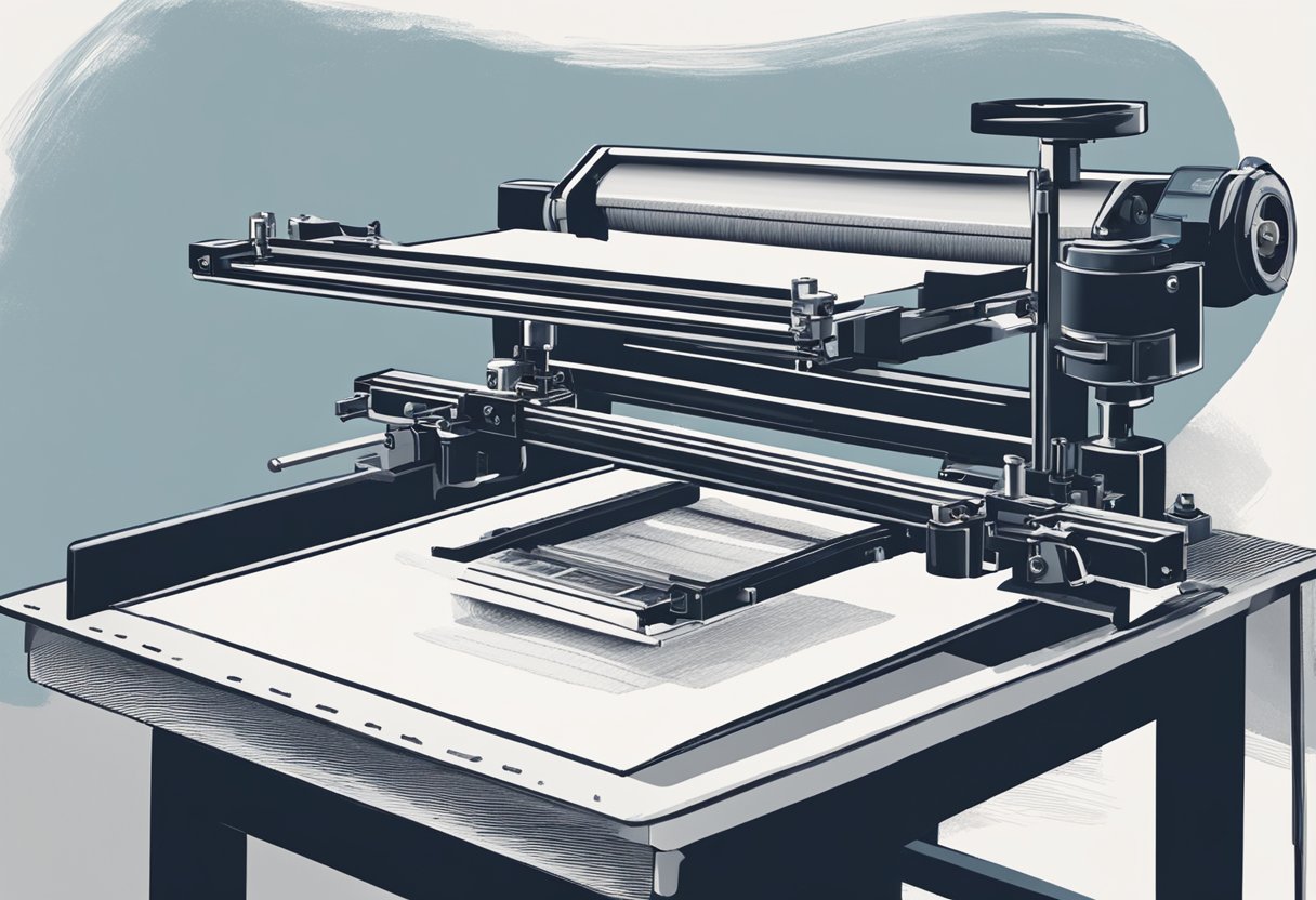 A screen printing press in action, with ink being carefully applied to a screen and then pressed onto a surface to create a design