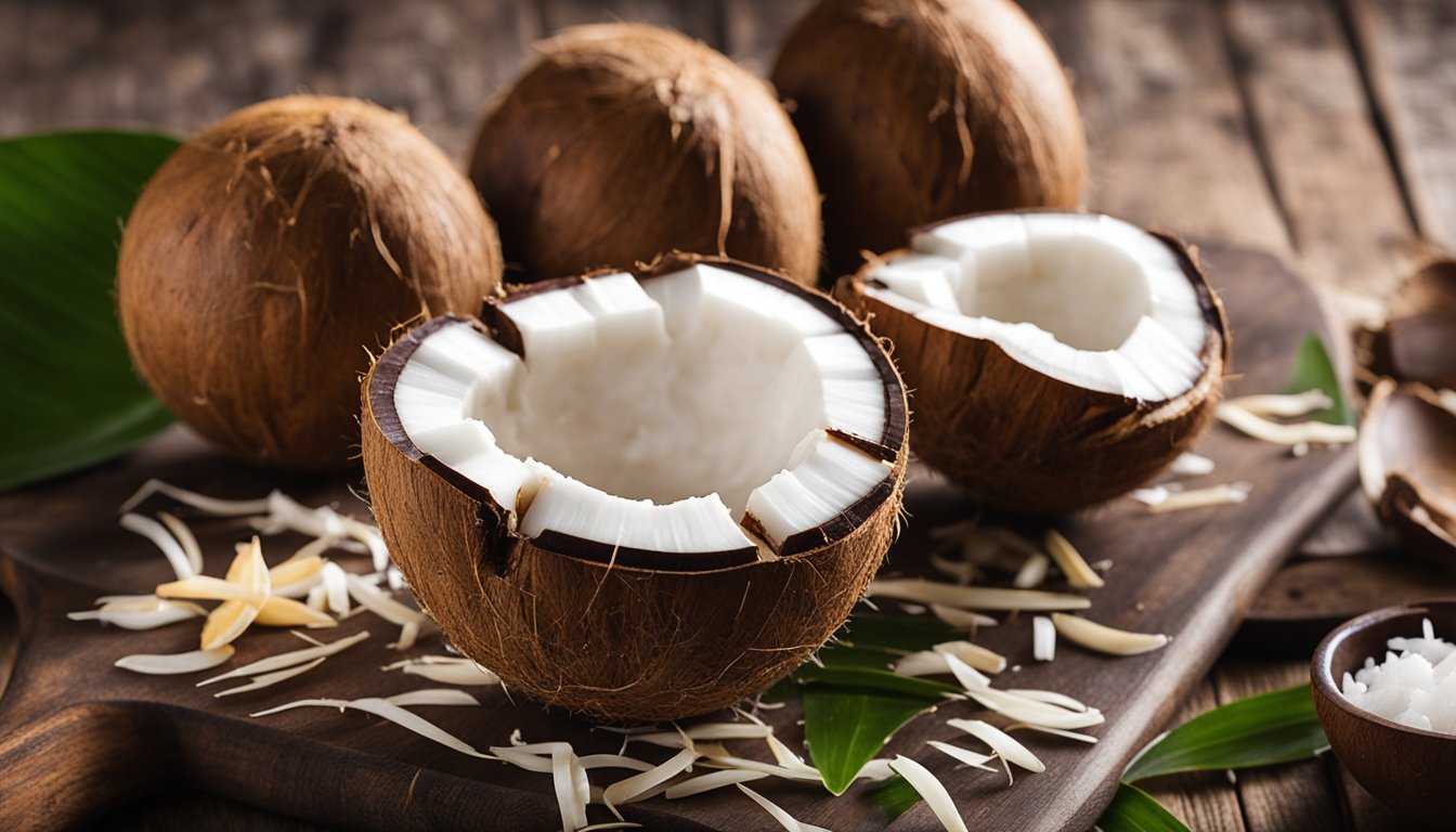 Whole and halved brown coconuts, with shredded coconut in a bowl, on a rustic wooden table