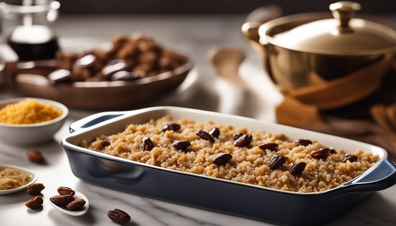 A lined baking dish filled with date mixture, ingredients scattered on the counter