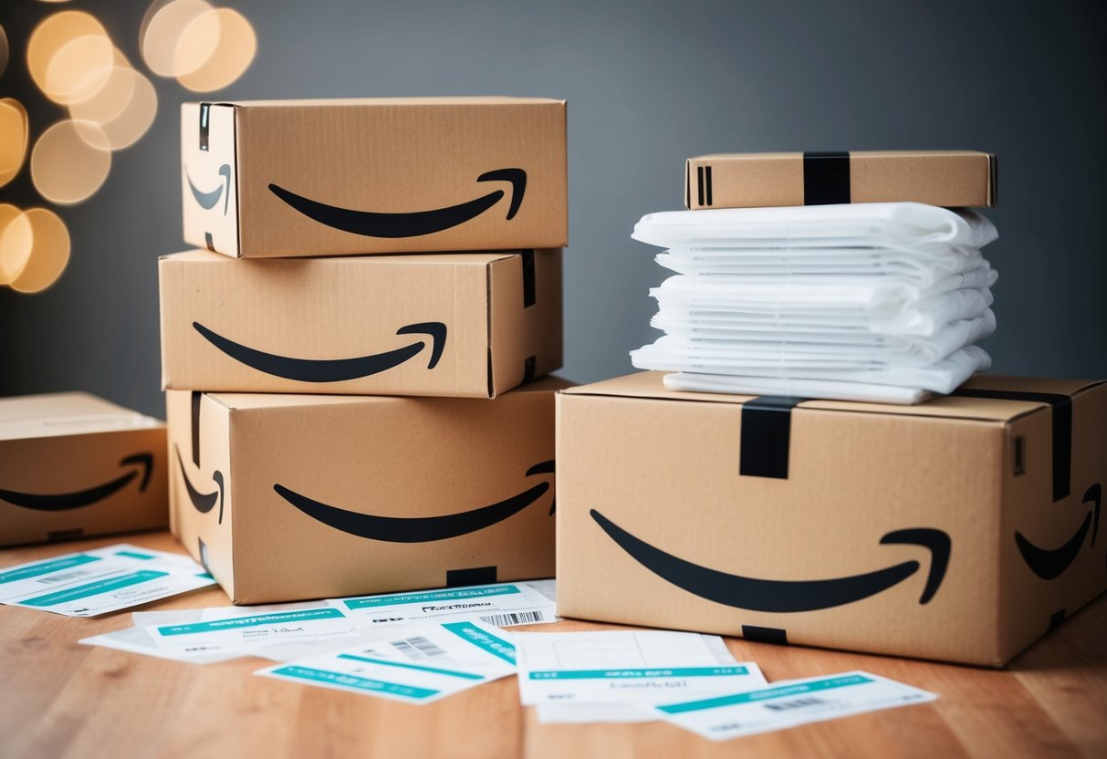 A stack of Amazon FBA boxes surrounded by packing materials and shipping labels